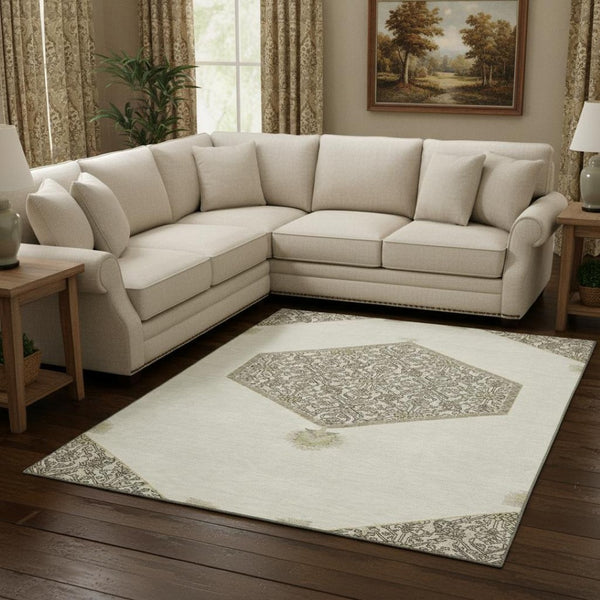 HomeRoots 9' X 12' Ivory Beige & Gray Oriental Area Rug – Washable, UV-Protected, Stain Resistant & Stylish 679365