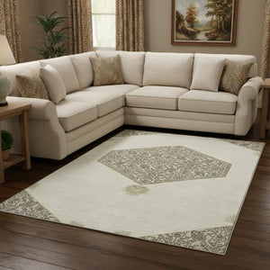 HomeRoots 10' Stylish Ivory Beige & Gray Oriental Washable Area Rug - UV Protected, Stain Resistant & Durable! 679366