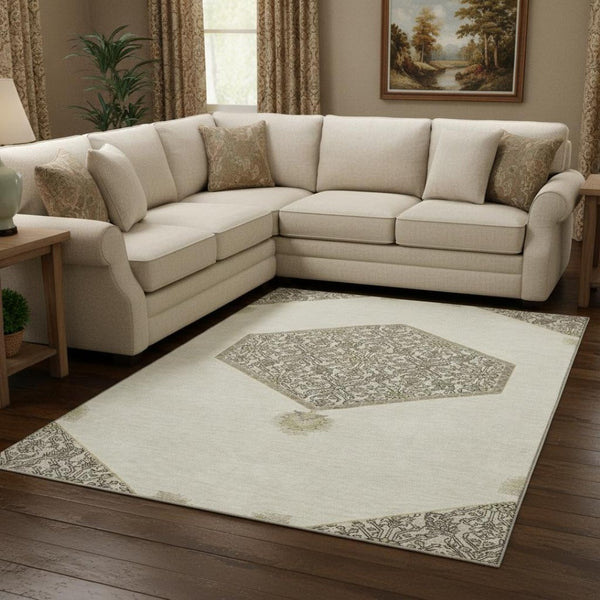 HomeRoots 10' Stylish Ivory Beige & Gray Oriental Washable Area Rug - UV Protected, Stain Resistant & Durable! 679366