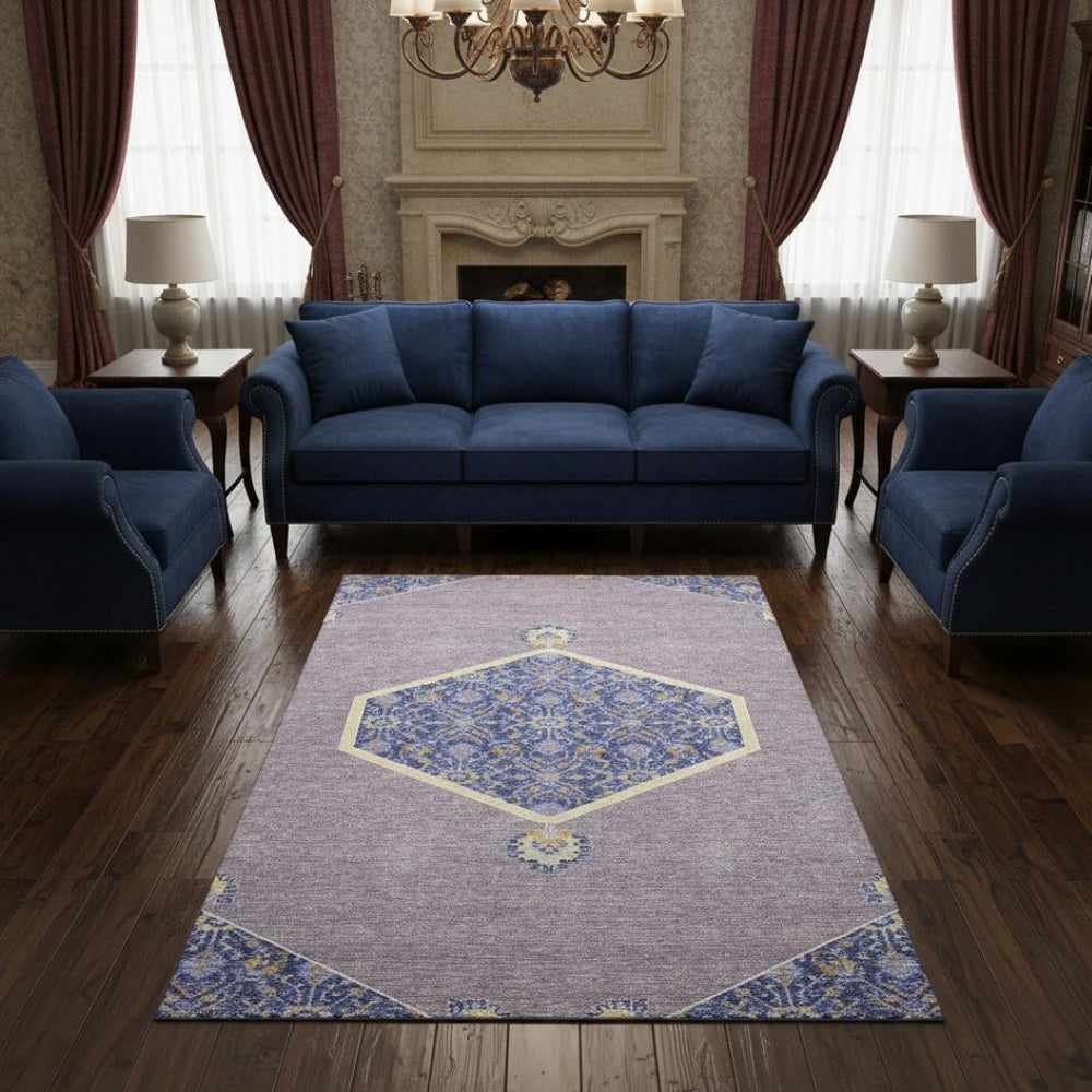 HomeRoots 5' X 8' Elegant Lavender, Blue, and Gold Oriental Area Rug - Washable, UV Protected & Stain Resistant 679368