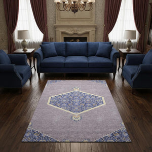 HomeRoots 5' X 8' Elegant Lavender, Blue, and Gold Oriental Area Rug - Washable, UV Protected & Stain Resistant 679368