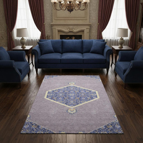 HomeRoots 5' X 8' Elegant Lavender, Blue, and Gold Oriental Area Rug - Washable, UV Protected & Stain Resistant 679368