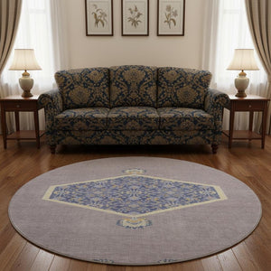 HomeRoots 8' Elegant Lavender Blue and Gold Oriental Round Rug - UV Protected, Washable, Durable Design! 679369
