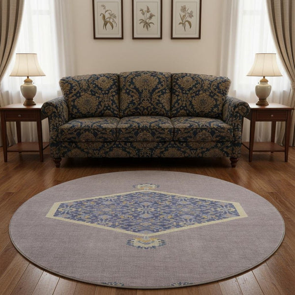 HomeRoots 8' Elegant Lavender Blue and Gold Oriental Round Rug - UV Protected, Washable, Durable Design! 679369