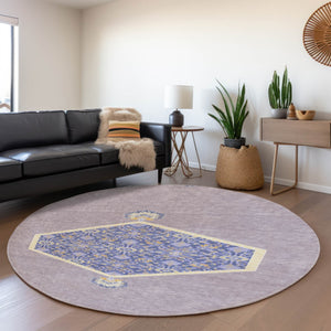 HomeRoots 8' Elegant Lavender Blue and Gold Oriental Round Rug - UV Protected, Washable, Durable Design! 679369