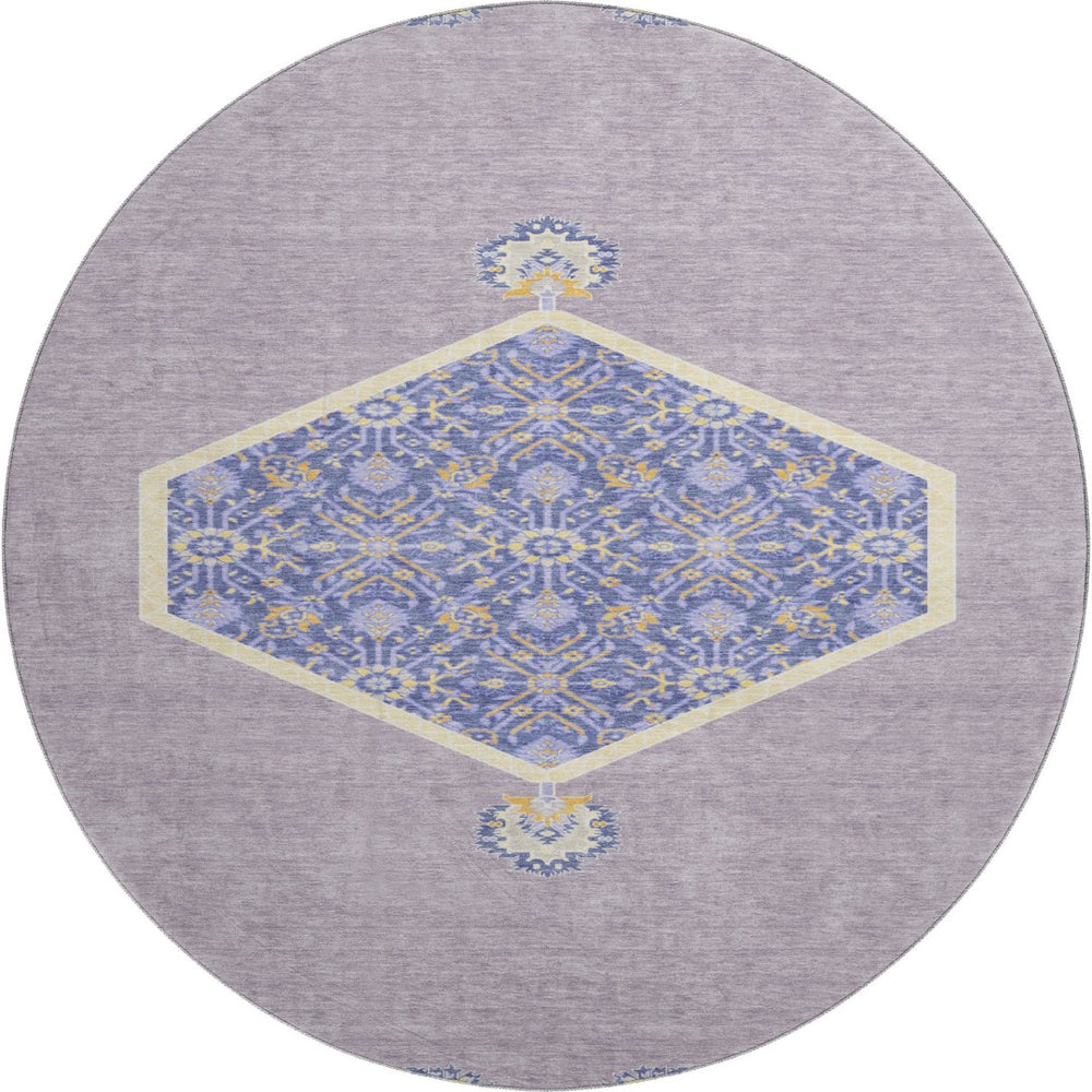 HomeRoots 8' Elegant Lavender Blue and Gold Oriental Round Rug - UV Protected, Washable, Durable Design! 679369