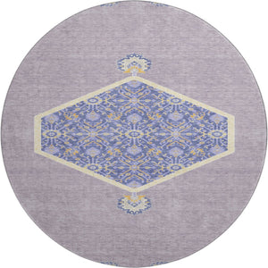 HomeRoots 8' Elegant Lavender Blue and Gold Oriental Round Rug - UV Protected, Washable, Durable Design! 679369