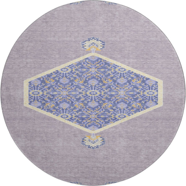 HomeRoots 8' Elegant Lavender Blue and Gold Oriental Round Rug - UV Protected, Washable, Durable Design! 679369