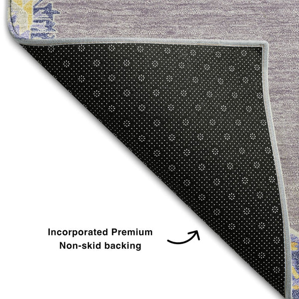 HomeRoots 8' Elegant Lavender Blue and Gold Oriental Round Rug - UV Protected, Washable, Durable Design! 679369