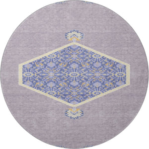 HomeRoots 8' Elegant Lavender Blue and Gold Oriental Round Rug - UV Protected, Washable, Durable Design! 679369