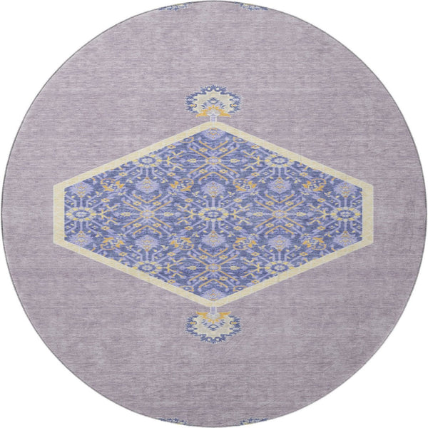 HomeRoots 8' Elegant Lavender Blue and Gold Oriental Round Rug - UV Protected, Washable, Durable Design! 679369