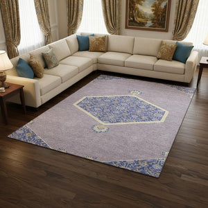 HomeRoots 8' X 10' Elegant Lavender Blue & Gold Oriental Area Rug - Washable, UV Protected, Stain Resistant! 679370