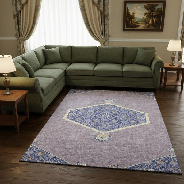 HomeRoots 9' X 12' Elegant Lavender-Blue & Gold Oriental Area Rug, Kid & Pet Friendly, UV Resistant, Washable 679371