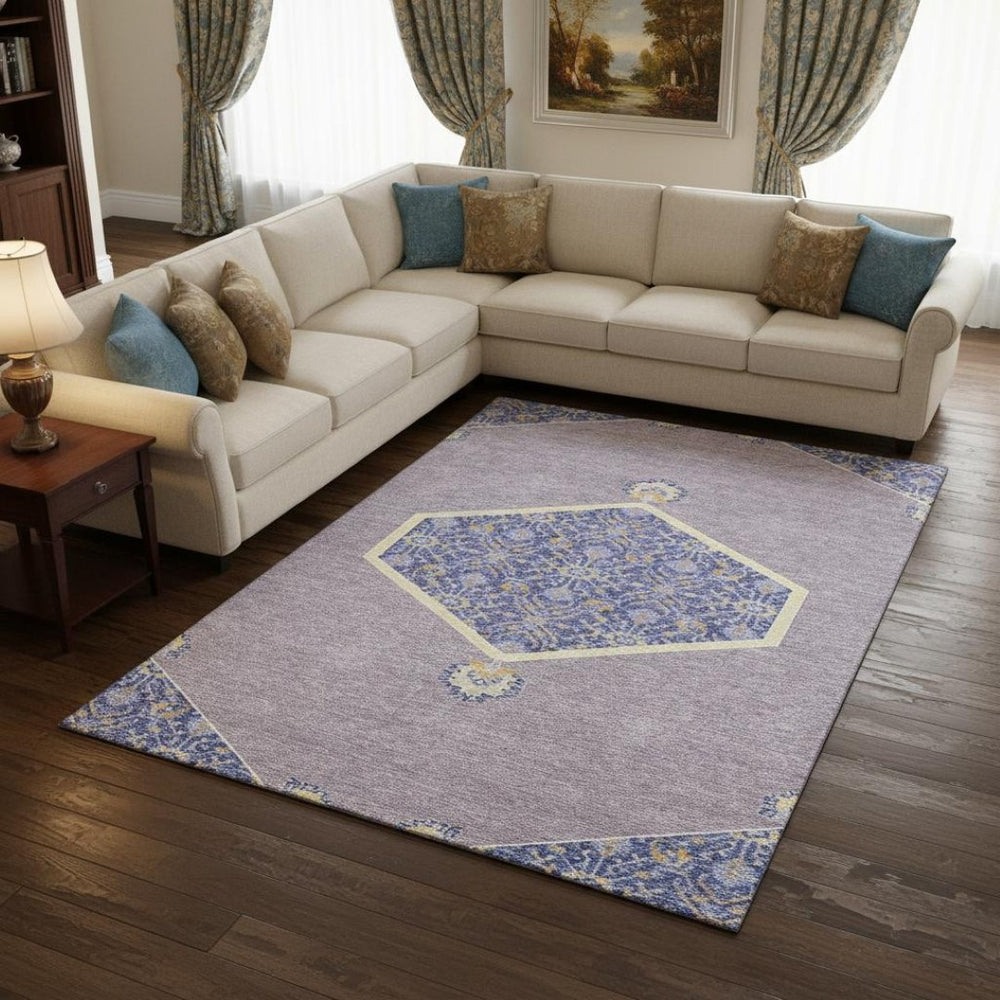 HomeRoots 10' X 14' Elegant Lavender Blue & Gold Oriental Area Rug - Washable, Stain Resistant & UV Protected! 679372