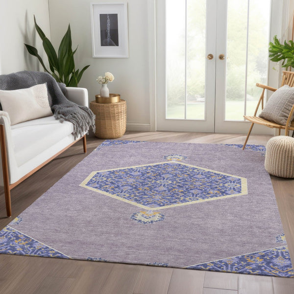 HomeRoots 10' X 14' Elegant Lavender Blue & Gold Oriental Area Rug - Washable, Stain Resistant & UV Protected! 679372
