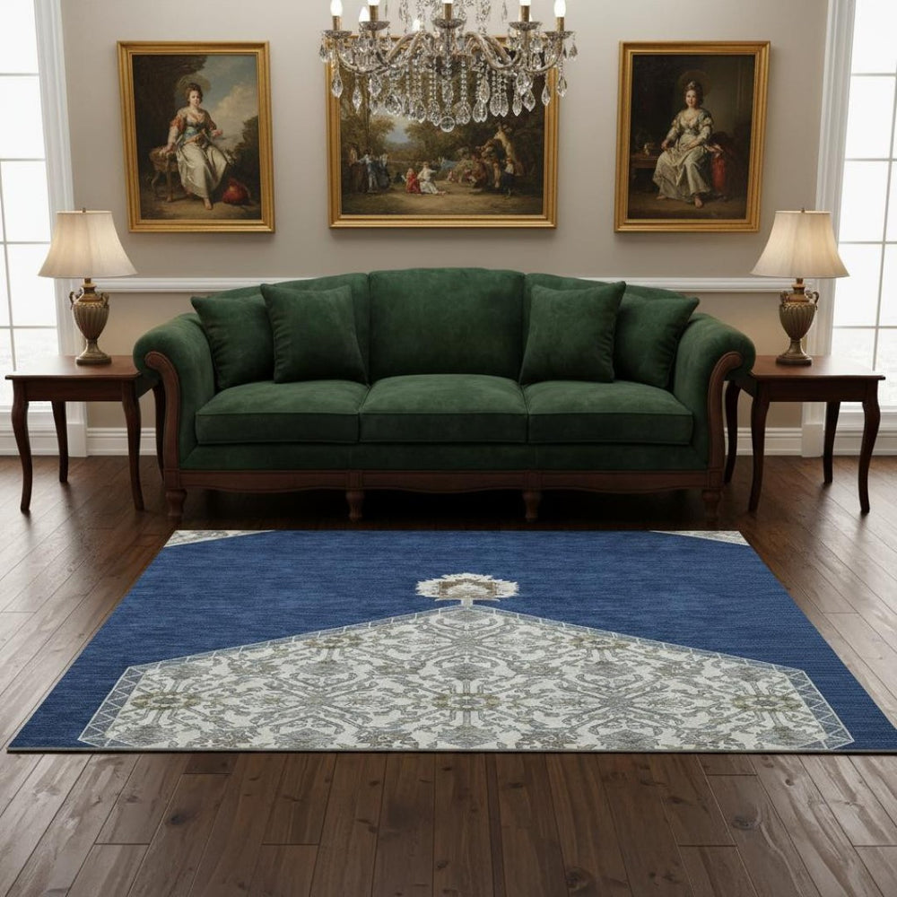 HomeRoots 5' X 8' Washable Navy Blue Ivory Gray Oriental Area Rug - Durable, UV-Protected for High-Traffic Areas 679374