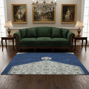 HomeRoots 5' X 8' Washable Navy Blue Ivory Gray Oriental Area Rug - Durable, UV-Protected for High-Traffic Areas 679374