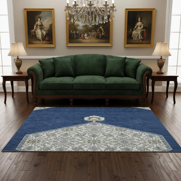 HomeRoots 5' X 8' Washable Navy Blue Ivory Gray Oriental Area Rug - Durable, UV-Protected for High-Traffic Areas 679374