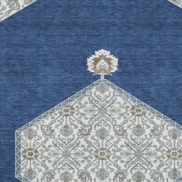 HomeRoots 5' X 8' Washable Navy Blue Ivory Gray Oriental Area Rug - Durable, UV-Protected for High-Traffic Areas 679374