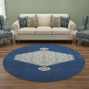 HomeRoots 8' Elegant Navy Blue, Ivory & Gray Washable Oriental Round Rug with UV Protection & Durable Design 679375