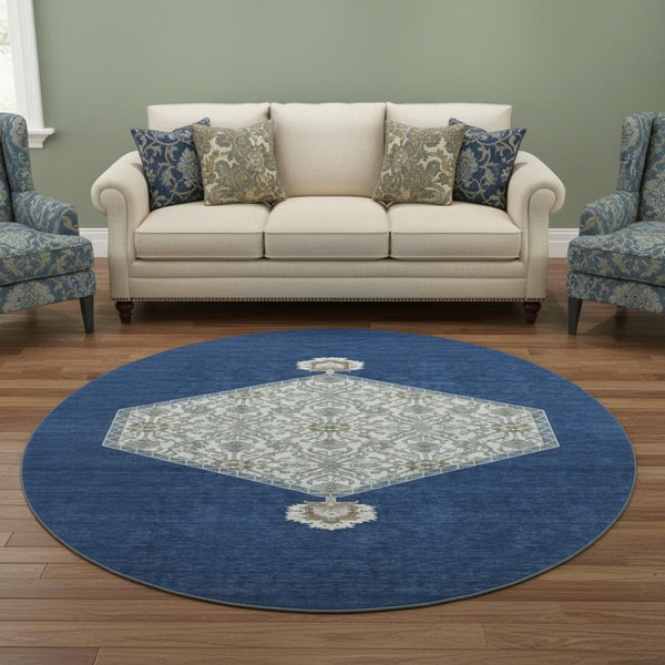 HomeRoots 8' Elegant Navy Blue, Ivory & Gray Washable Oriental Round Rug with UV Protection & Durable Design 679375
