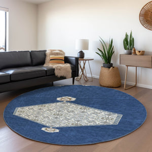 HomeRoots 8' Elegant Navy Blue, Ivory & Gray Washable Oriental Round Rug with UV Protection & Durable Design 679375