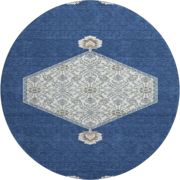 HomeRoots 8' Elegant Navy Blue, Ivory & Gray Washable Oriental Round Rug with UV Protection & Durable Design 679375