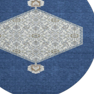 HomeRoots 8' Elegant Navy Blue, Ivory & Gray Washable Oriental Round Rug with UV Protection & Durable Design 679375