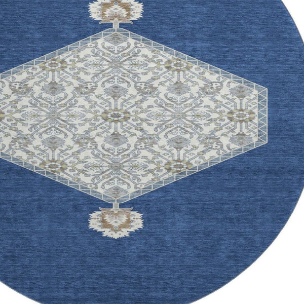 HomeRoots 8' Elegant Navy Blue, Ivory & Gray Washable Oriental Round Rug with UV Protection & Durable Design 679375