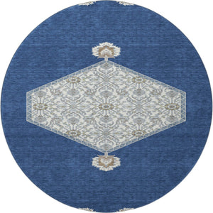 HomeRoots 8' Elegant Navy Blue, Ivory & Gray Washable Oriental Round Rug with UV Protection & Durable Design 679375