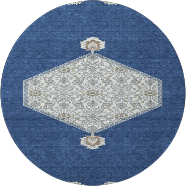 HomeRoots 8' Elegant Navy Blue, Ivory & Gray Washable Oriental Round Rug with UV Protection & Durable Design 679375