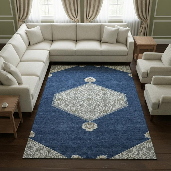 HomeRoots 8' X 10' Washable Navy Blue Ivory Gray Oriental Area Rug with UV Protection for High-Traffic Areas 679376