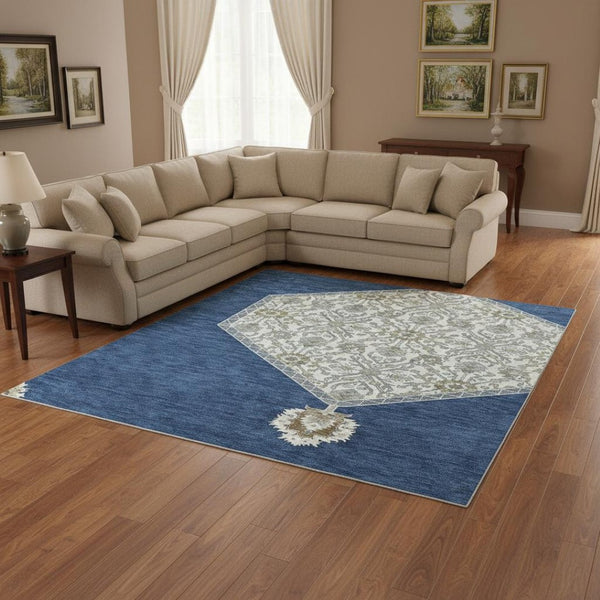 HomeRoots 9' X 12' Navy Blue, Ivory & Gray Oriental Area Rug - Washable, UV Protected & Stain Resistant Design 679377