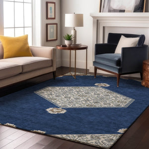 HomeRoots 9' X 12' Navy Blue, Ivory & Gray Oriental Area Rug - Washable, UV Protected & Stain Resistant Design 679377