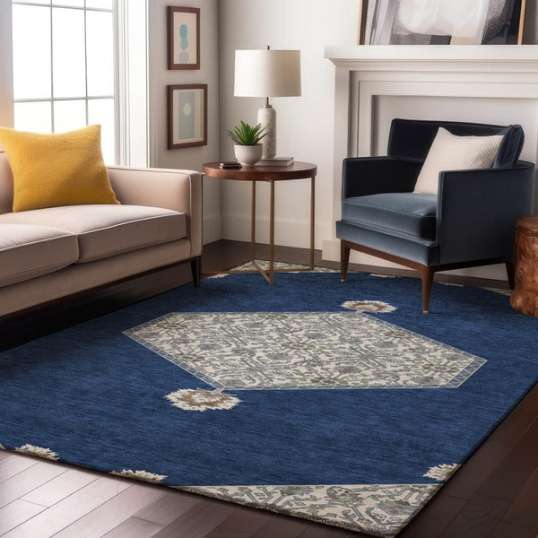 HomeRoots 9' X 12' Navy Blue, Ivory & Gray Oriental Area Rug - Washable, UV Protected & Stain Resistant Design 679377