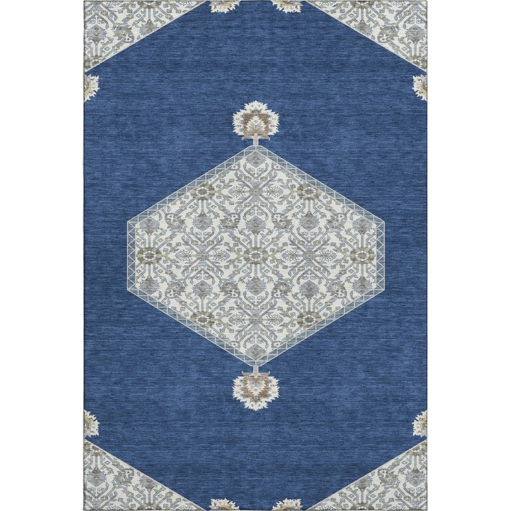 HomeRoots 9' X 12' Navy Blue, Ivory & Gray Oriental Area Rug - Washable, UV Protected & Stain Resistant Design 679377