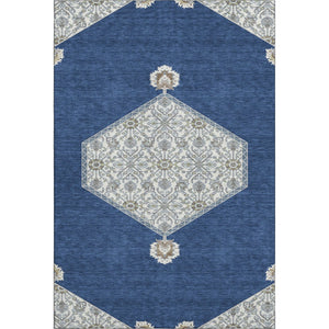 HomeRoots 9' X 12' Navy Blue, Ivory & Gray Oriental Area Rug - Washable, UV Protected & Stain Resistant Design 679377