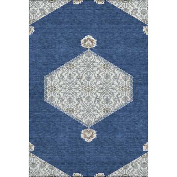 HomeRoots 9' X 12' Navy Blue, Ivory & Gray Oriental Area Rug - Washable, UV Protected & Stain Resistant Design 679377