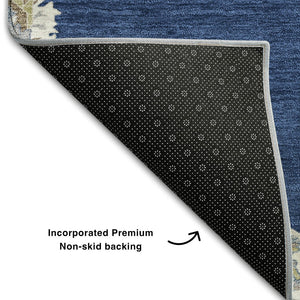 HomeRoots 9' X 12' Navy Blue, Ivory & Gray Oriental Area Rug - Washable, UV Protected & Stain Resistant Design 679377