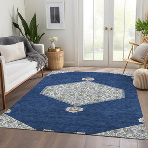 HomeRoots 9' X 12' Navy Blue, Ivory & Gray Oriental Area Rug - Washable, UV Protected & Stain Resistant Design 679377
