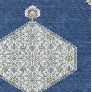 HomeRoots 9' X 12' Navy Blue, Ivory & Gray Oriental Area Rug - Washable, UV Protected & Stain Resistant Design 679377