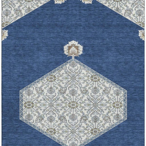 HomeRoots 9' X 12' Navy Blue, Ivory & Gray Oriental Area Rug - Washable, UV Protected & Stain Resistant Design 679377