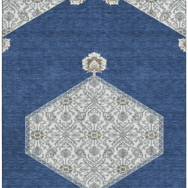 HomeRoots 9' X 12' Navy Blue, Ivory & Gray Oriental Area Rug - Washable, UV Protected & Stain Resistant Design 679377