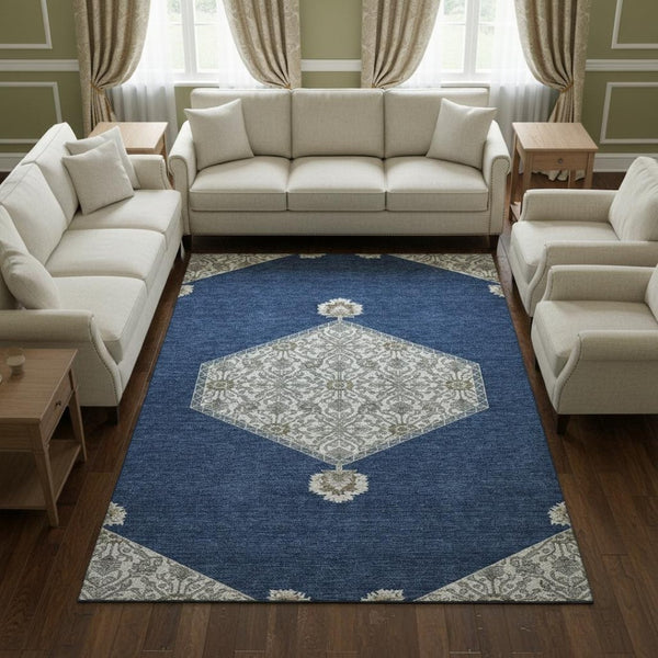 HomeRoots 10' X 14' Navy Blue and Ivory Oriental Washable Area Rug with UV Protection for Modern Homes 679378