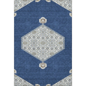 HomeRoots 10' X 14' Navy Blue and Ivory Oriental Washable Area Rug with UV Protection for Modern Homes 679378