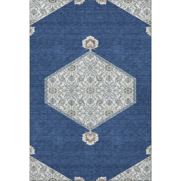 HomeRoots 10' X 14' Navy Blue and Ivory Oriental Washable Area Rug with UV Protection for Modern Homes 679378