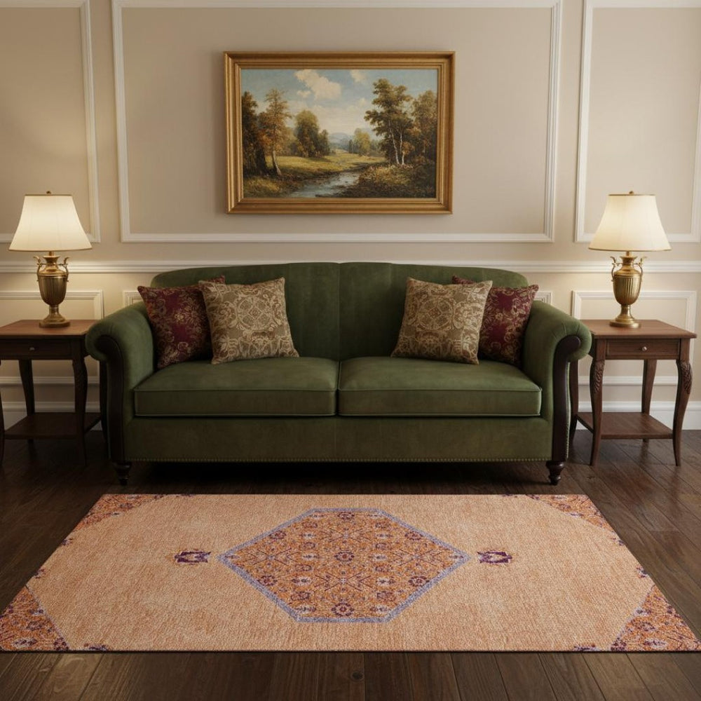 HomeRoots 5' X 8' Washable Peach Orange Beige Oriental Area Rug with UV Protection - Perfect for Busy Homes! 679380