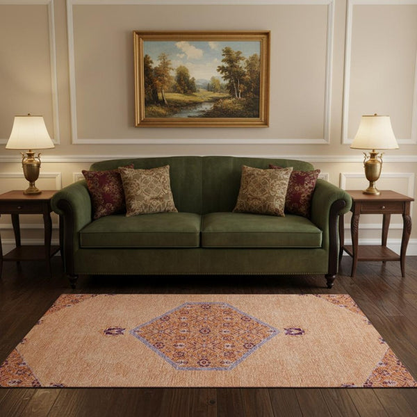 HomeRoots 5' X 8' Washable Peach Orange Beige Oriental Area Rug with UV Protection - Perfect for Busy Homes! 679380