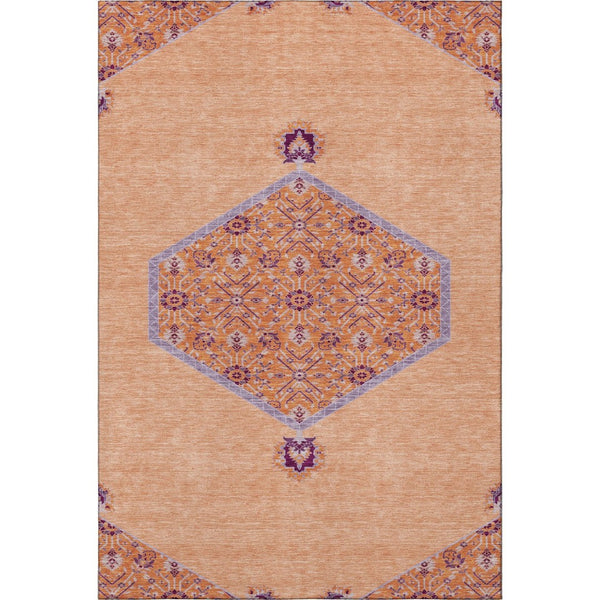 HomeRoots 5' X 8' Washable Peach Orange Beige Oriental Area Rug with UV Protection - Perfect for Busy Homes! 679380
