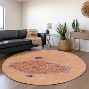 HomeRoots 8' Washable Round Rug in Peach, Orange & Beige - UV Protected, Durable, Oriental Design for Homes 679381